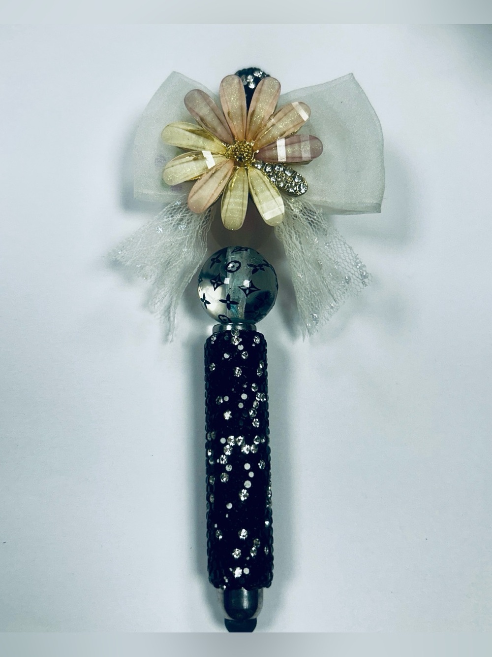 HAND BEADED Pen Stylus Bling Black Pink  Flower NEW
